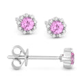 Front and side view created pink sapphire and diamond stud earrings