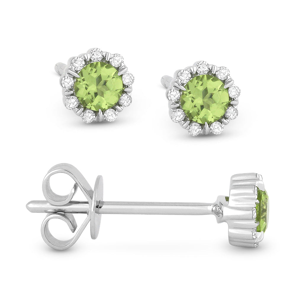 Front and side view peridot and diamond stud earrings