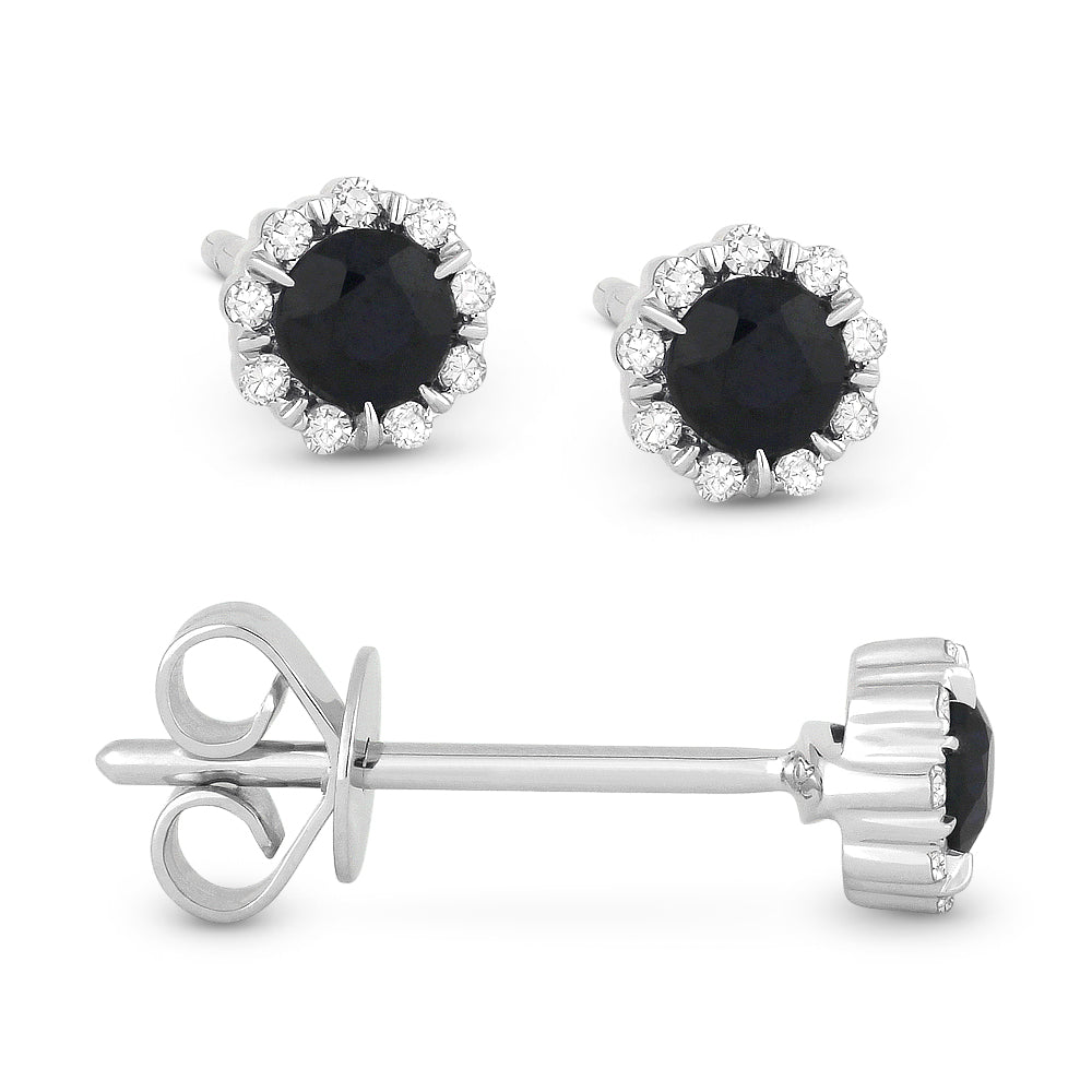 Front and side view blue sapphire and diamond stud earrings