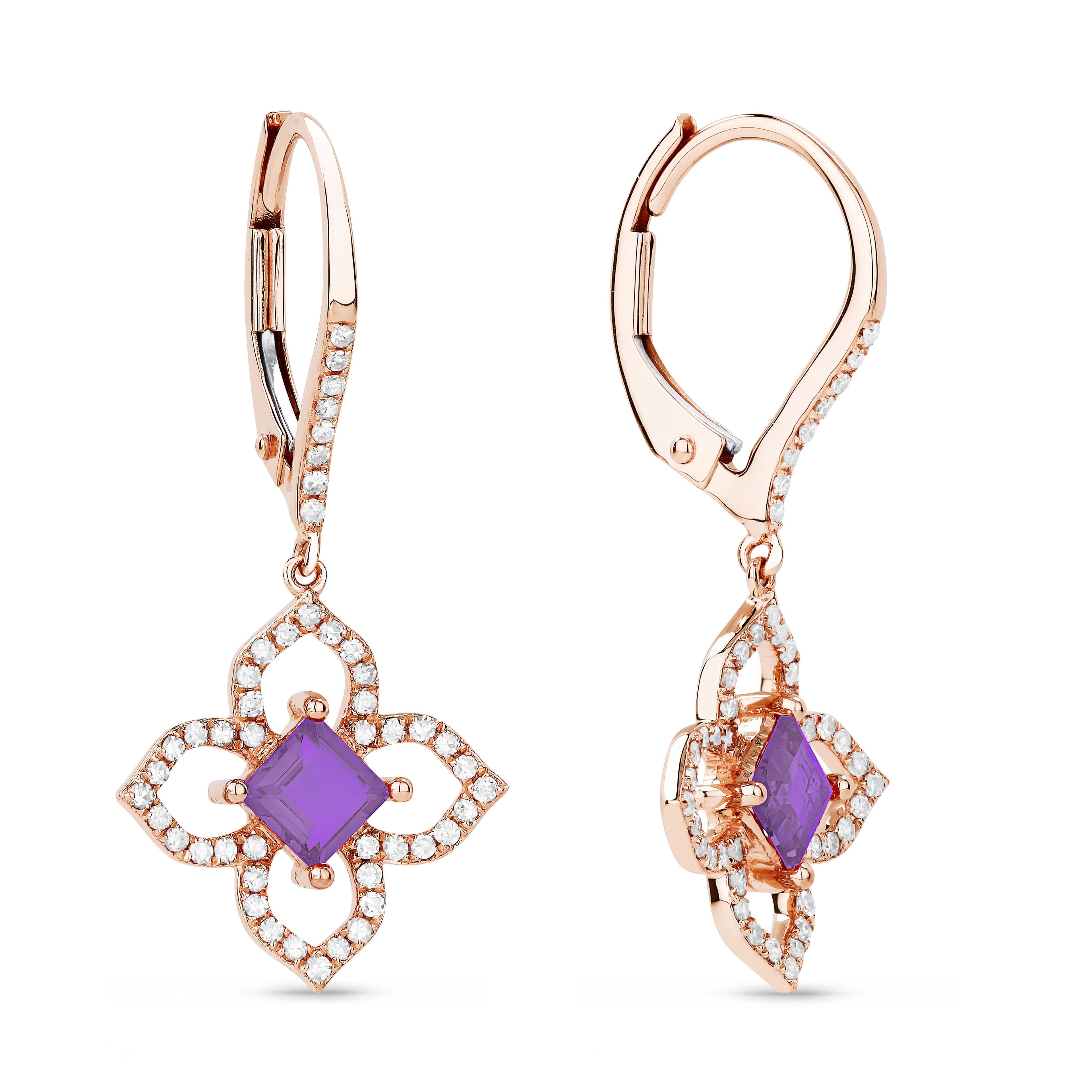 Front View Amethyst and Diamond Earrings in Rose Gold