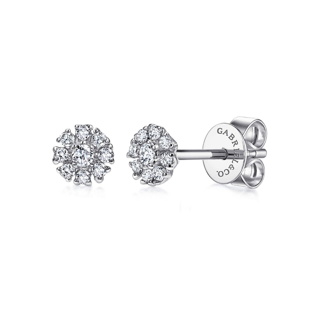 14K White Gold Floral Diamond Stud Earrings