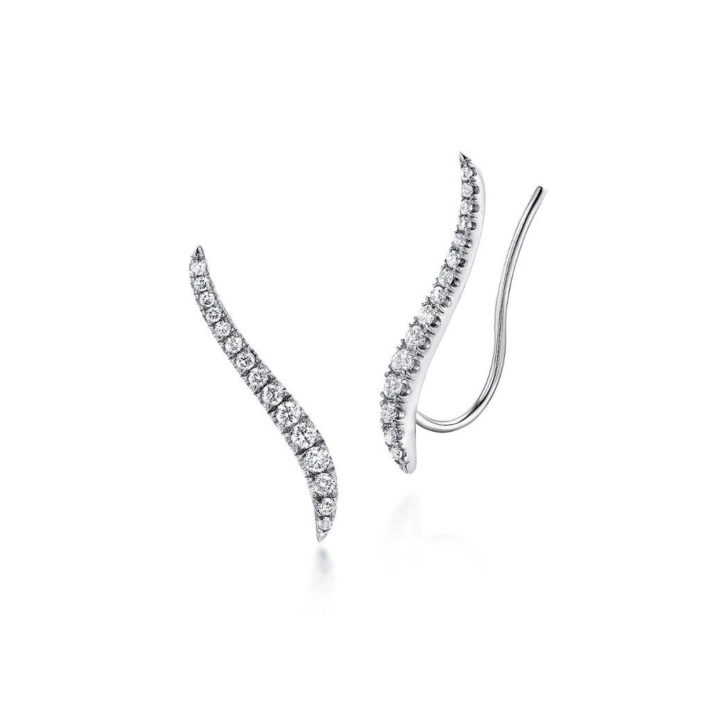 14K White Gold Curving Bar Ear Crawler Diamond Earrings