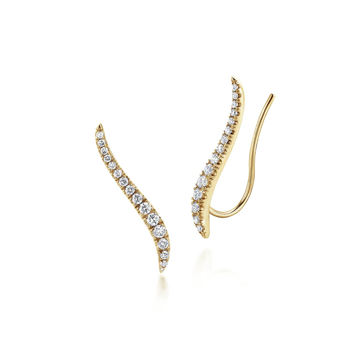 14K Yellow Gold Curving Bar Ear Crawler Diamond Earrings