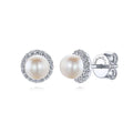 14K White Gold Round Diamond Halo Pearl Stud Earrings