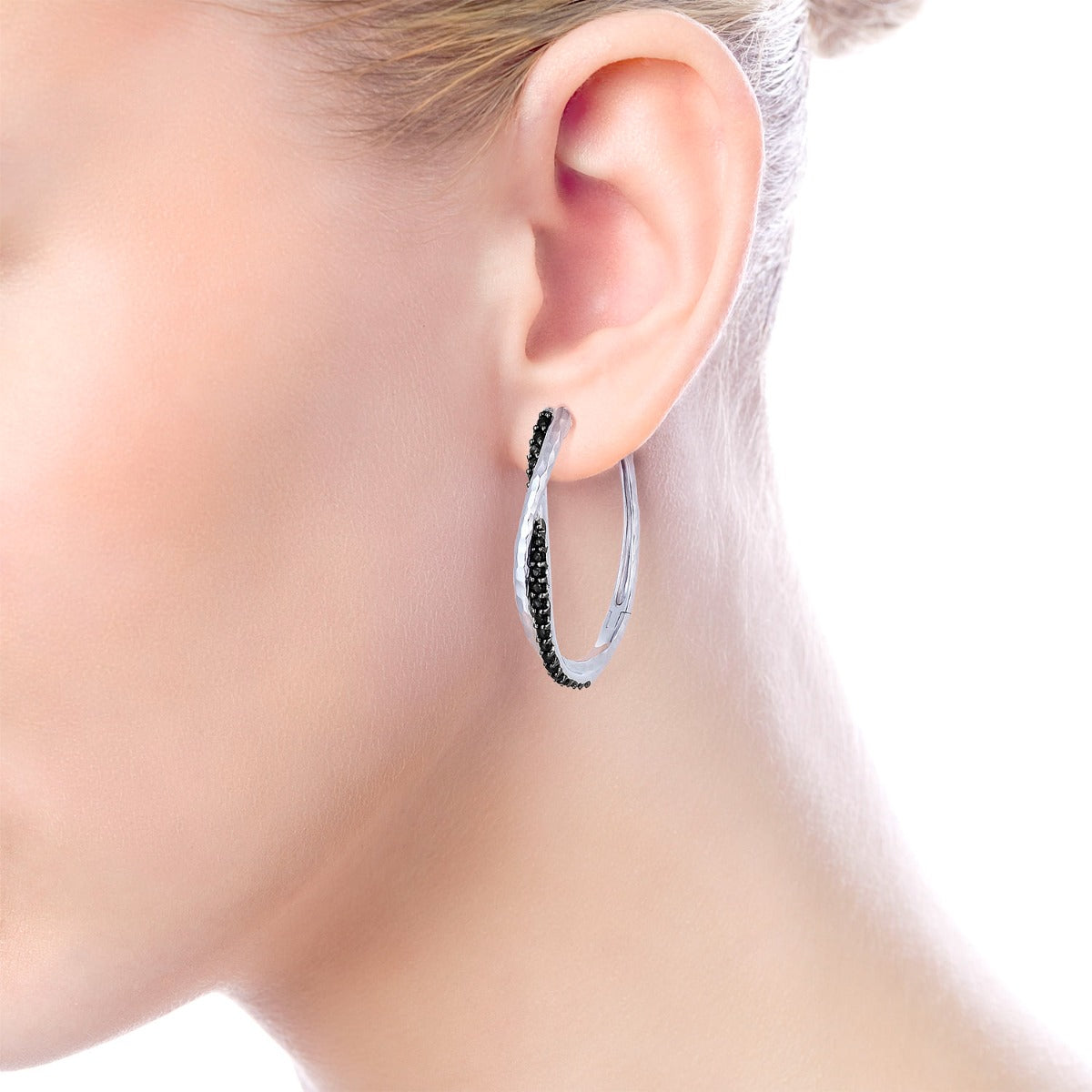 925 Sterling Silver Hammered Twisted 35mm Black Spinel Hoop Earrings