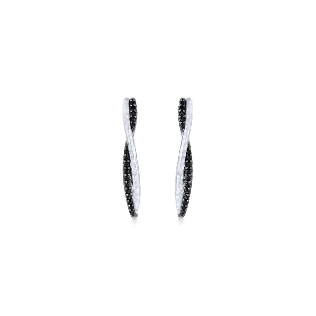 925 Sterling Silver Hammered Twisted 35mm Black Spinel Hoop Earrings