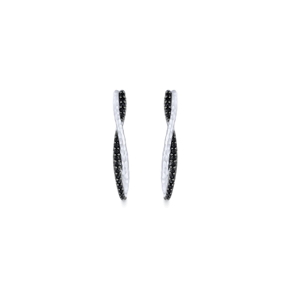 925 Sterling Silver Hammered Twisted 35mm Black Spinel Hoop Earrings