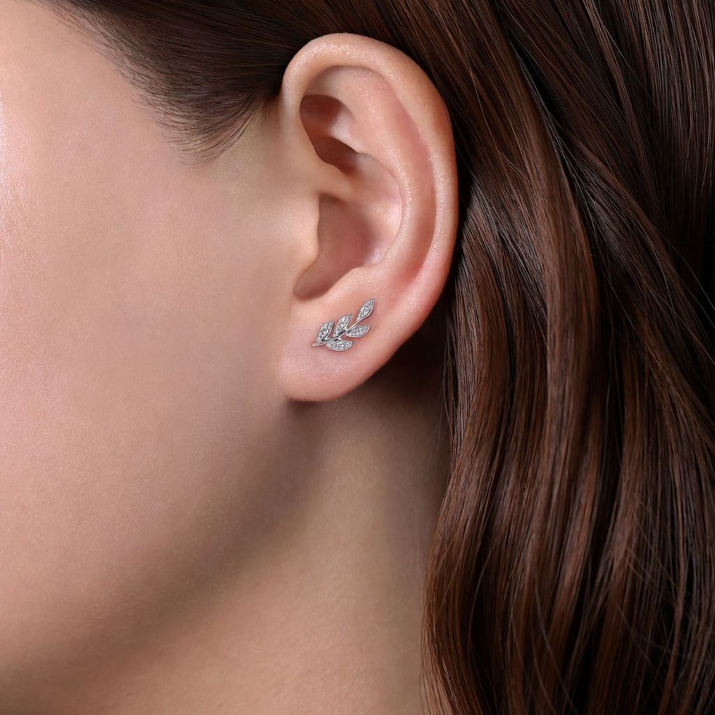 14K White Gold Diamond Leaf Stud Earrings