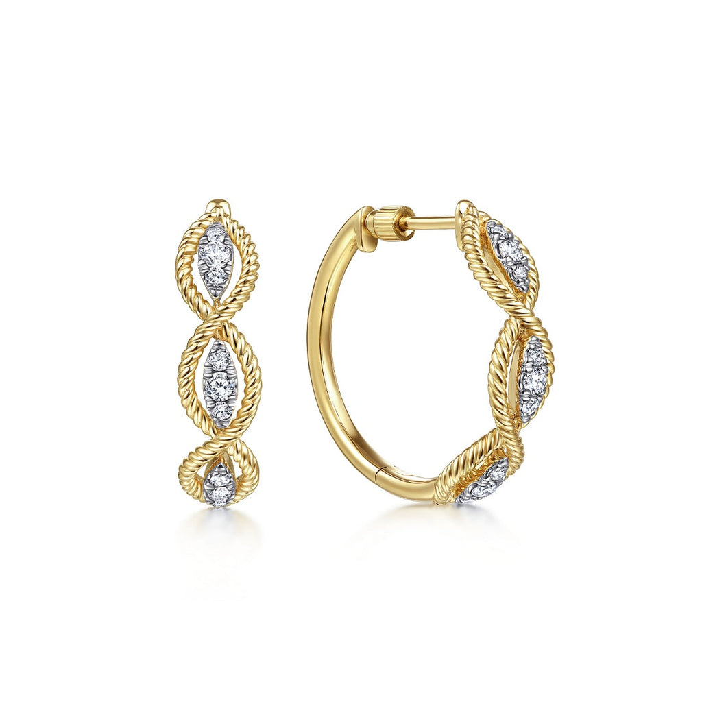 14K Yellow Gold Twisted Layered 20mm Diamond Hoop Earrings
