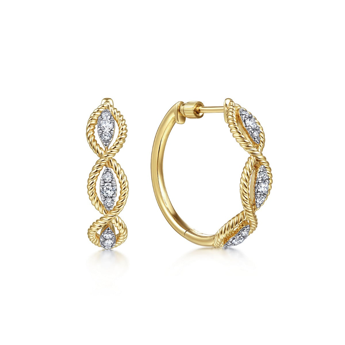 14K Yellow Gold Twisted Layered 20mm Diamond Hoop Earrings