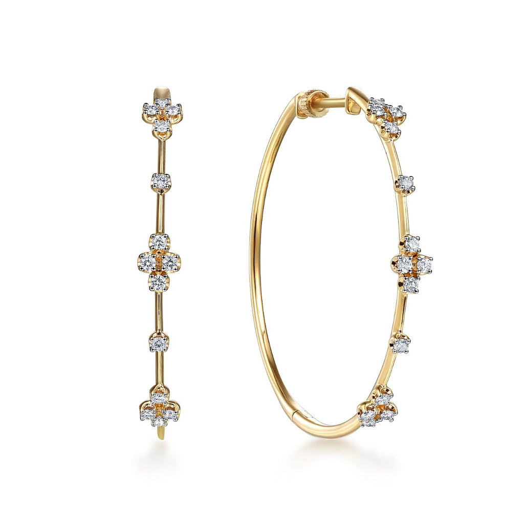 14K Yellow Gold Prong Set 40mm Round Classic Diamond Hoop Earrings