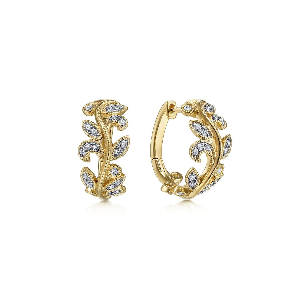 14K Yellow Gold Floral 15mm Diamond Huggies