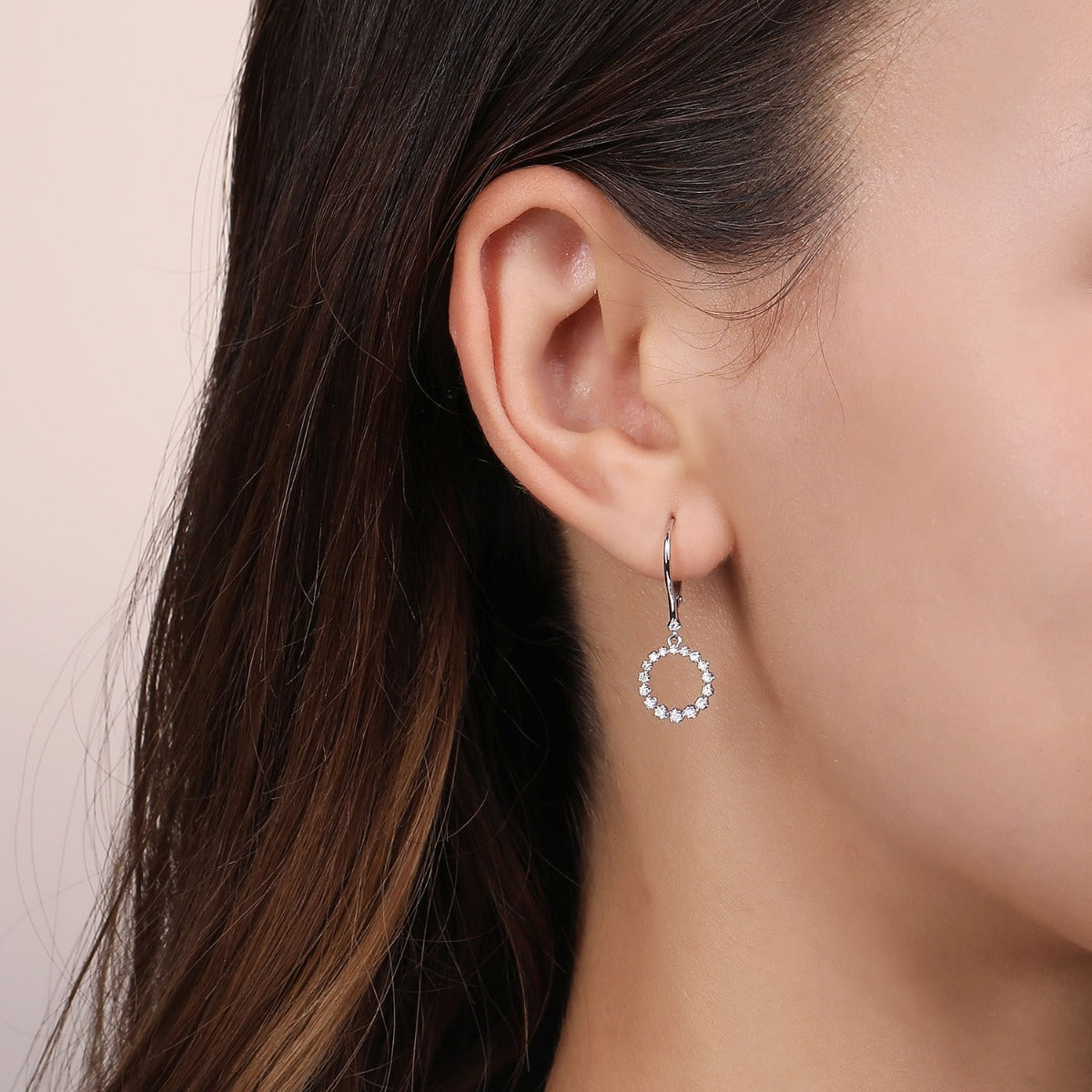 14K White Gold Open Circle Diamond Drop Earrings