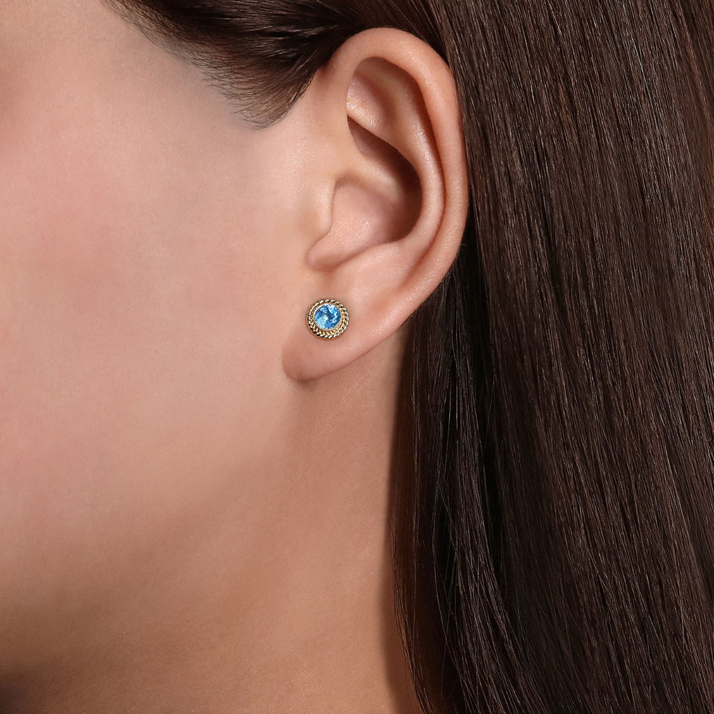 14K Yellow Gold Round Blue Topaz and Twisted Rope Frame Stud Earrings