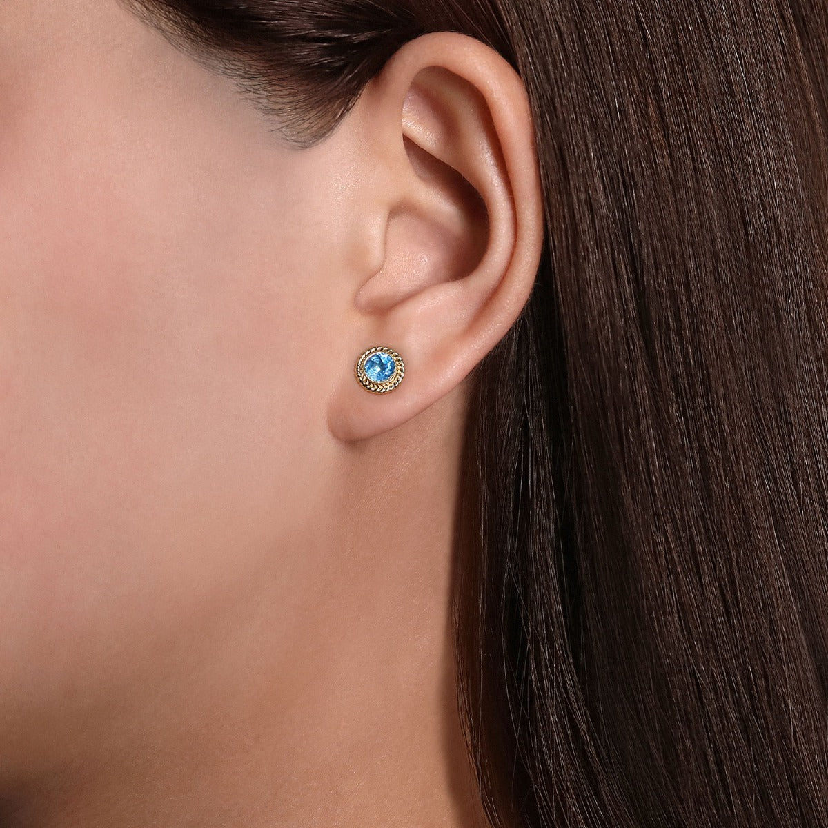 14K Yellow Gold Round Blue Topaz and Twisted Rope Frame Stud Earrings