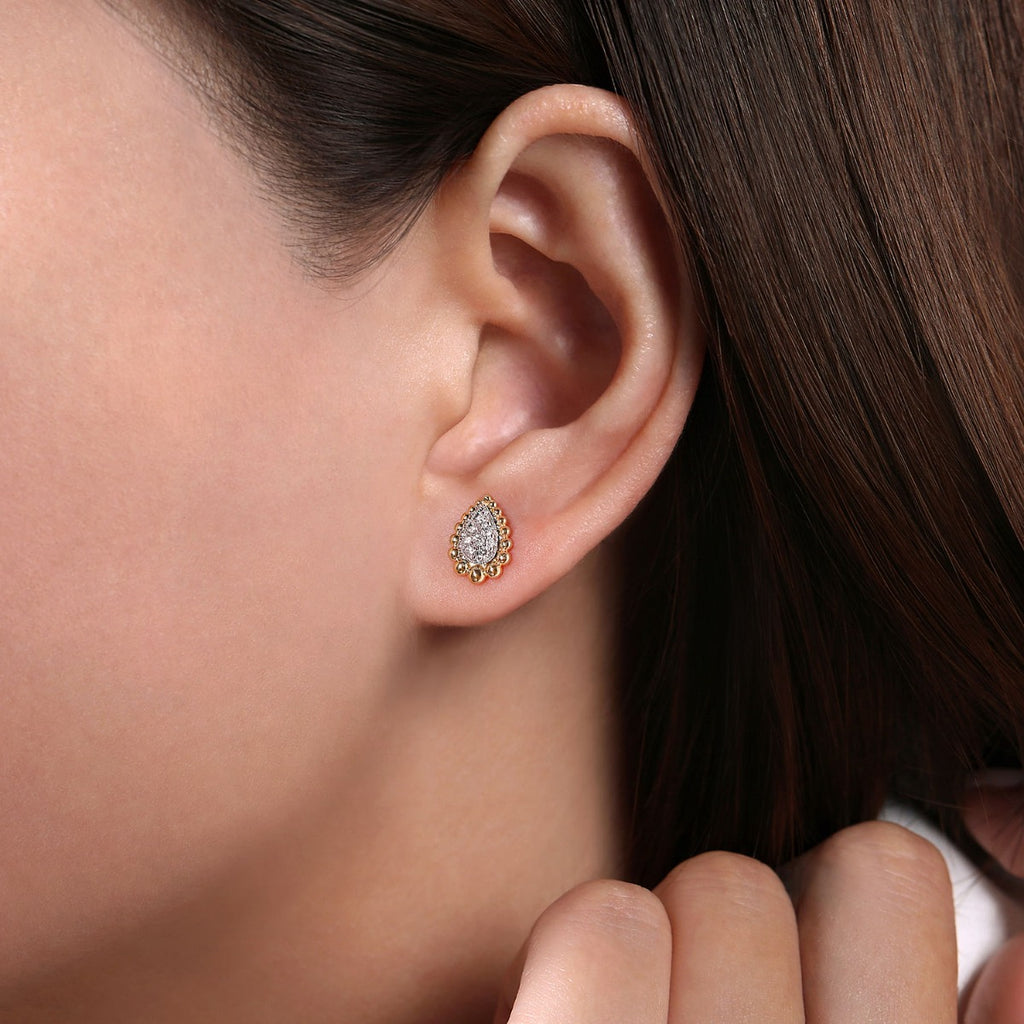 14K Yellow-White Gold Teardrop Shape Beaded Frame Diamond Stud Earrings