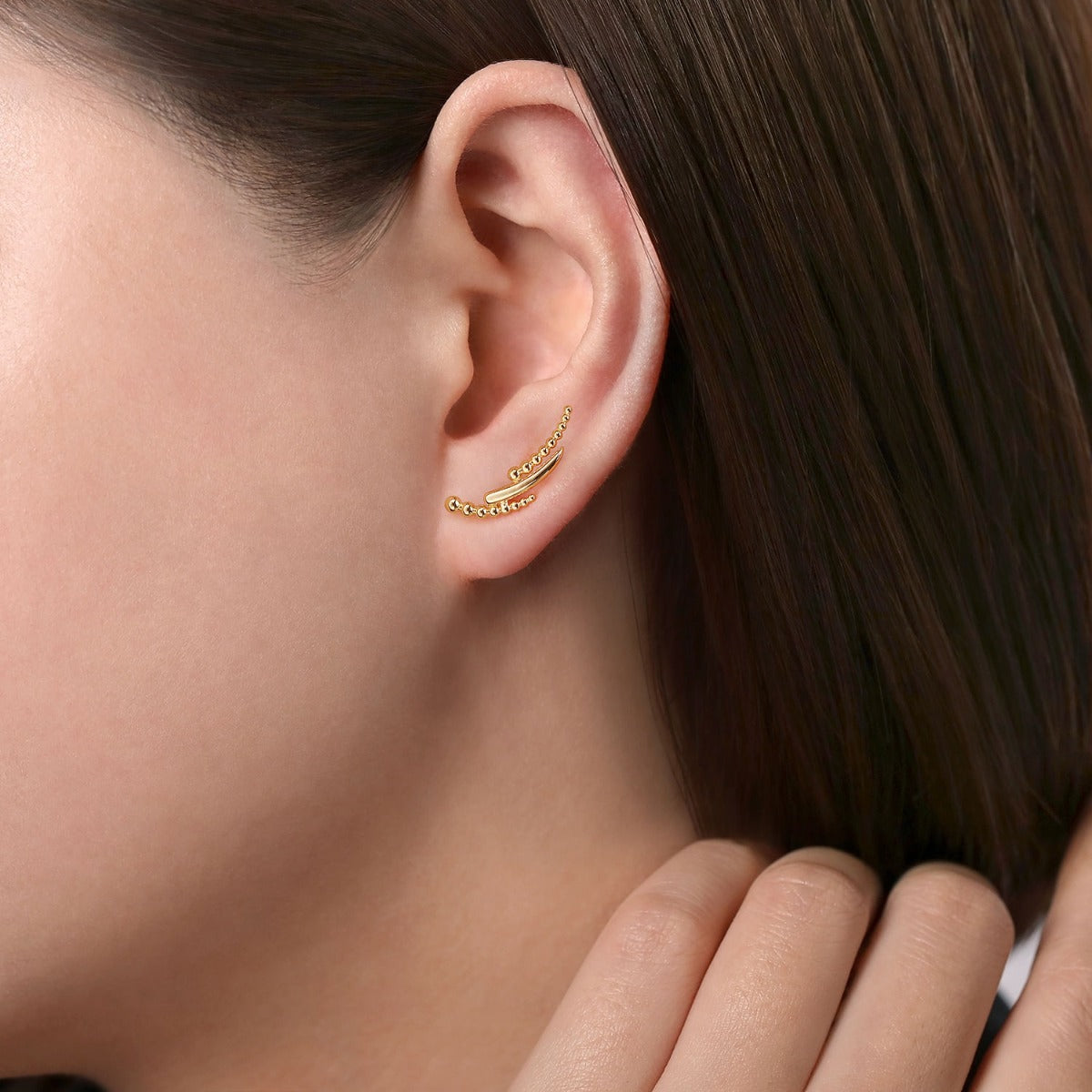 14K Yellow Gold Curving Three Row Bujukan Ball Stud Earrings