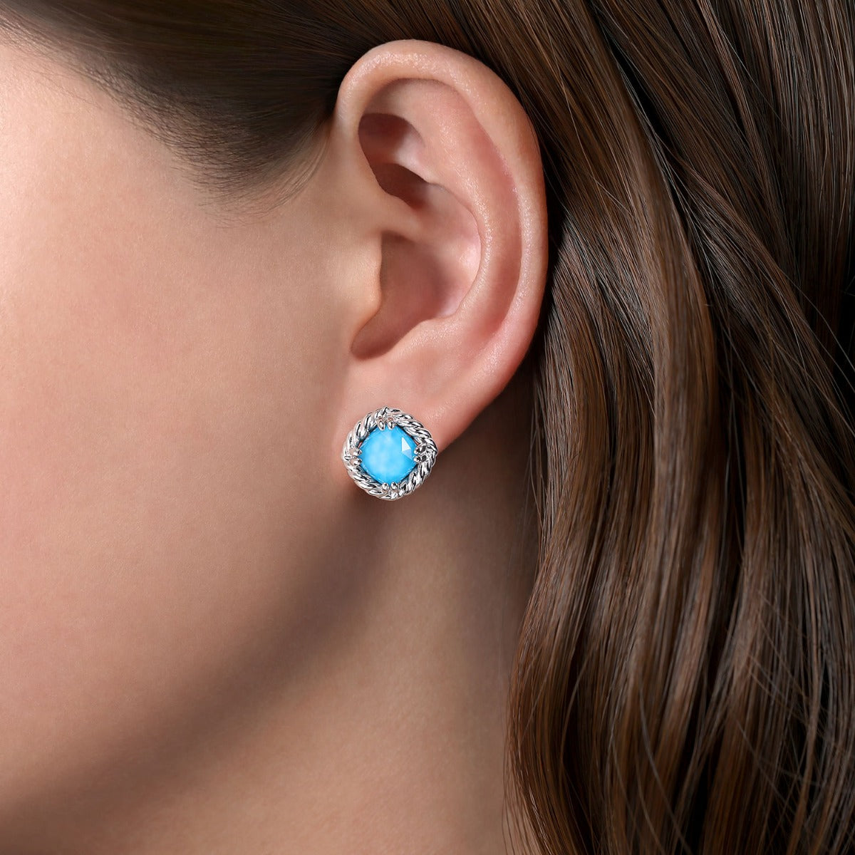 925 Sterling Silver Rope Rock Crystal and Turquoise Stone Stud Earrings