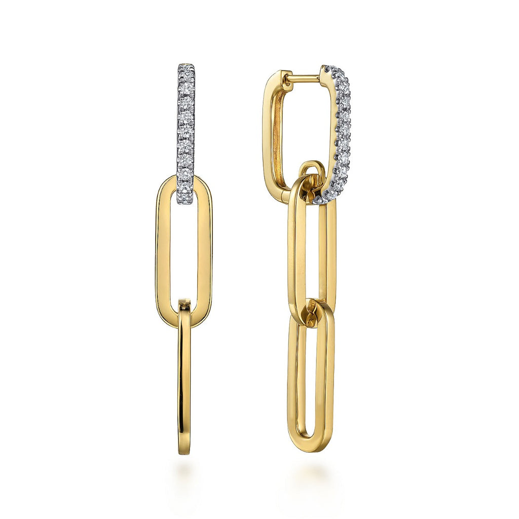 14K Yellow Gold Diamond Link Hollow Chain Drop Earrings