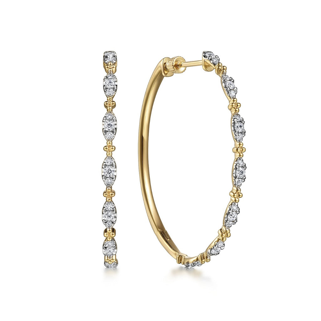 14K Yellow Gold 40mm Diamond Station Intricate Hoop Earrings