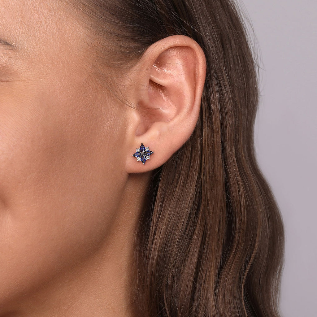 14K White Gold Diamond and Blue Sapphire Bursting Star Studs