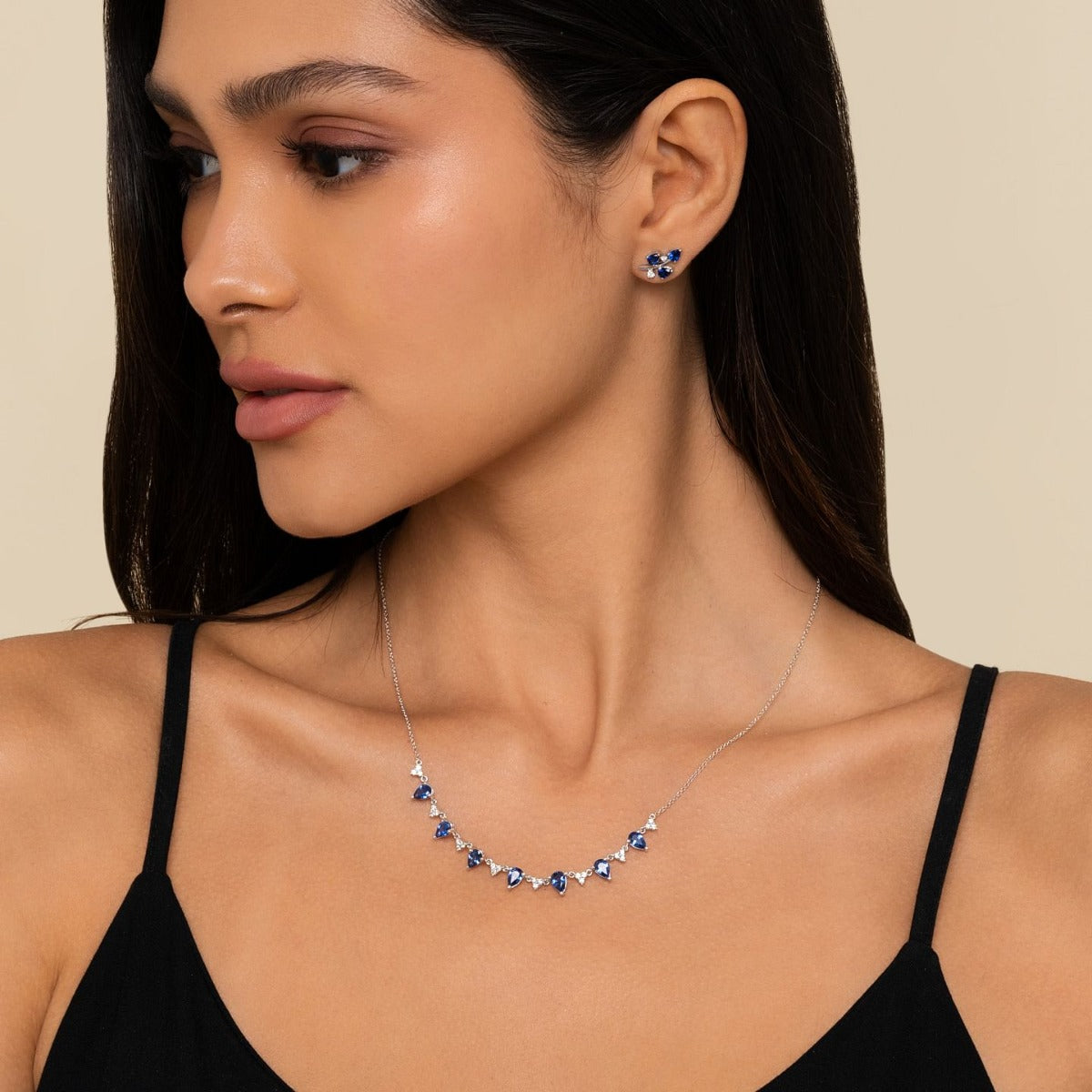 14K White Gold Diamond and Blue Sapphire Olive Branch Climber Earrings