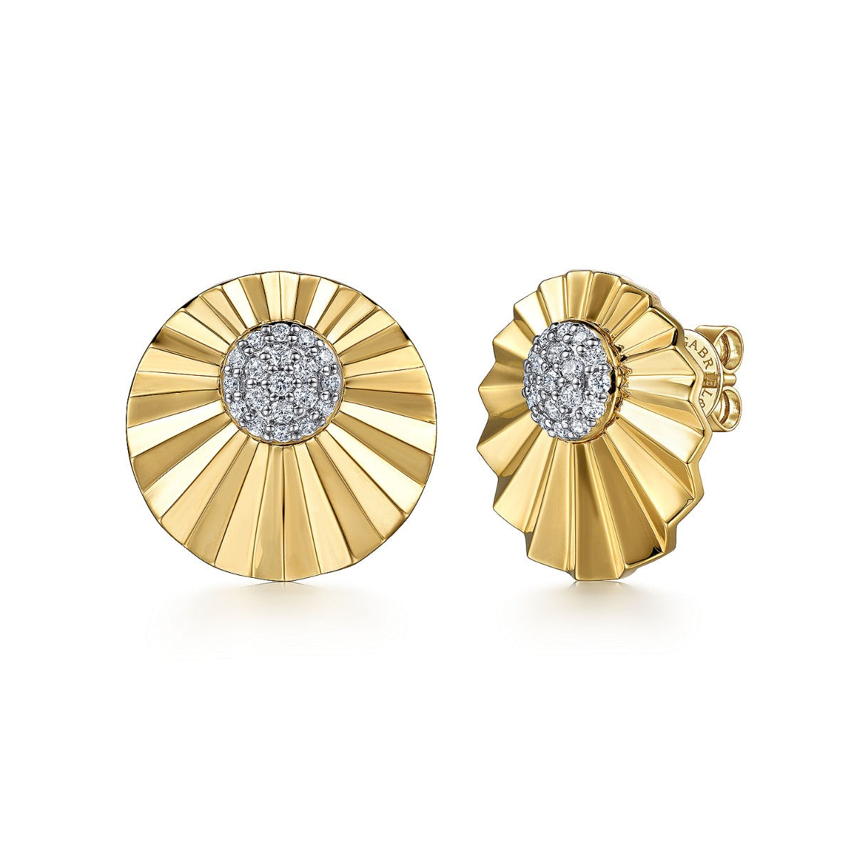 Diamond Cut - 14K White and Yellow Gold Diamond Round Shape Earrings Stud with Diamond Cut Texture