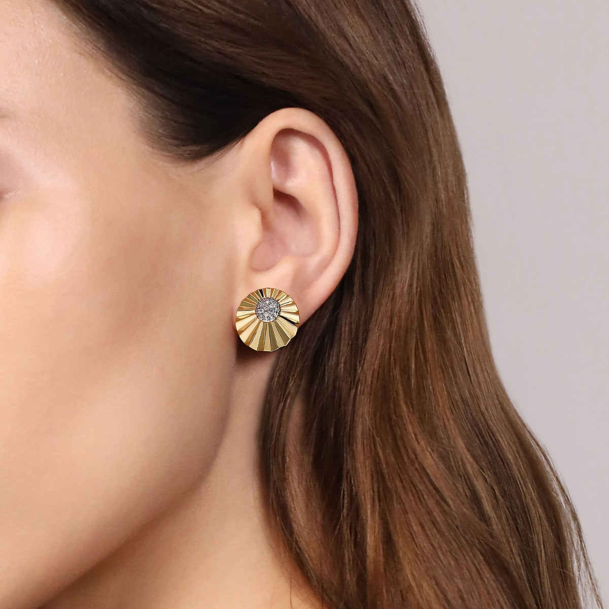 Diamond Cut - 14K White and Yellow Gold Diamond Round Shape Earrings Stud with Diamond Cut Texture