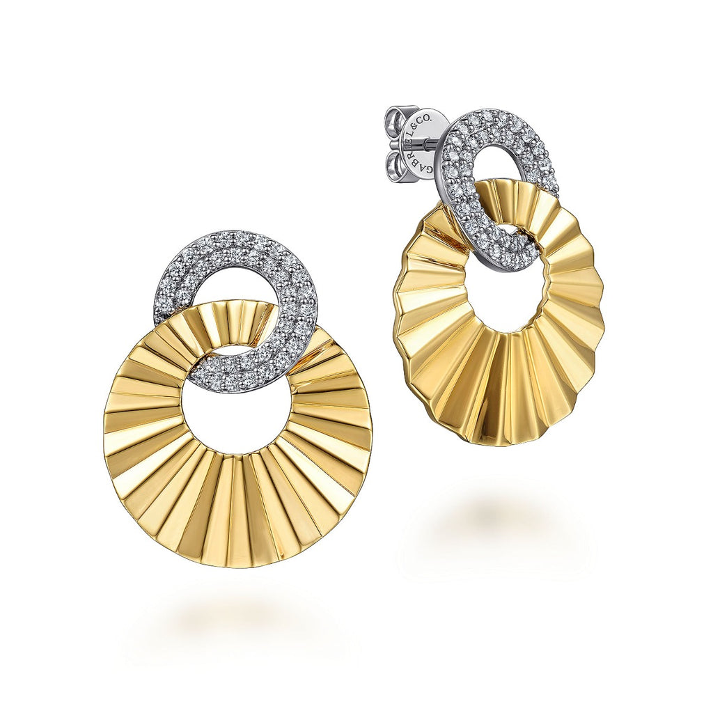 Diamond Cut - 14K White and Yellow Gold Double Round Disk Earrings Stud With Diamond Cut Texture