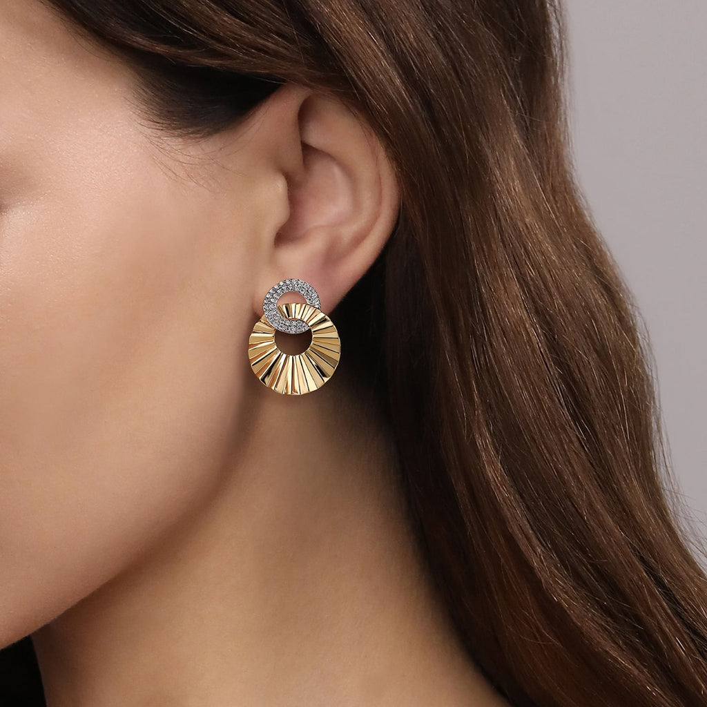 Diamond Cut - 14K White and Yellow Gold Double Round Disk Earrings Stud With Diamond Cut Texture