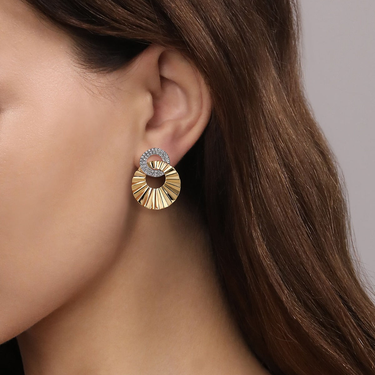 Diamond Cut - 14K White and Yellow Gold Double Round Disk Earrings Stud With Diamond Cut Texture