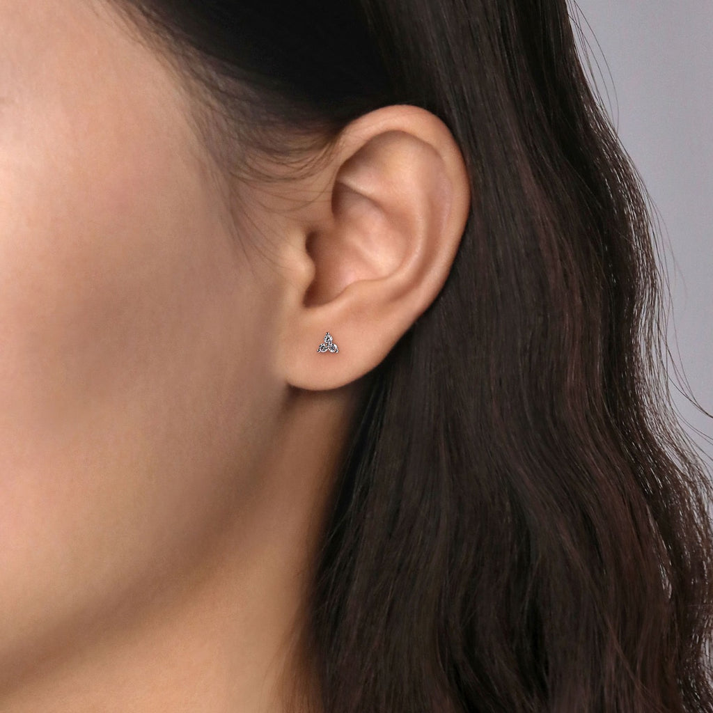 14K White Gold Three Diamond Cluster Stud Earrings