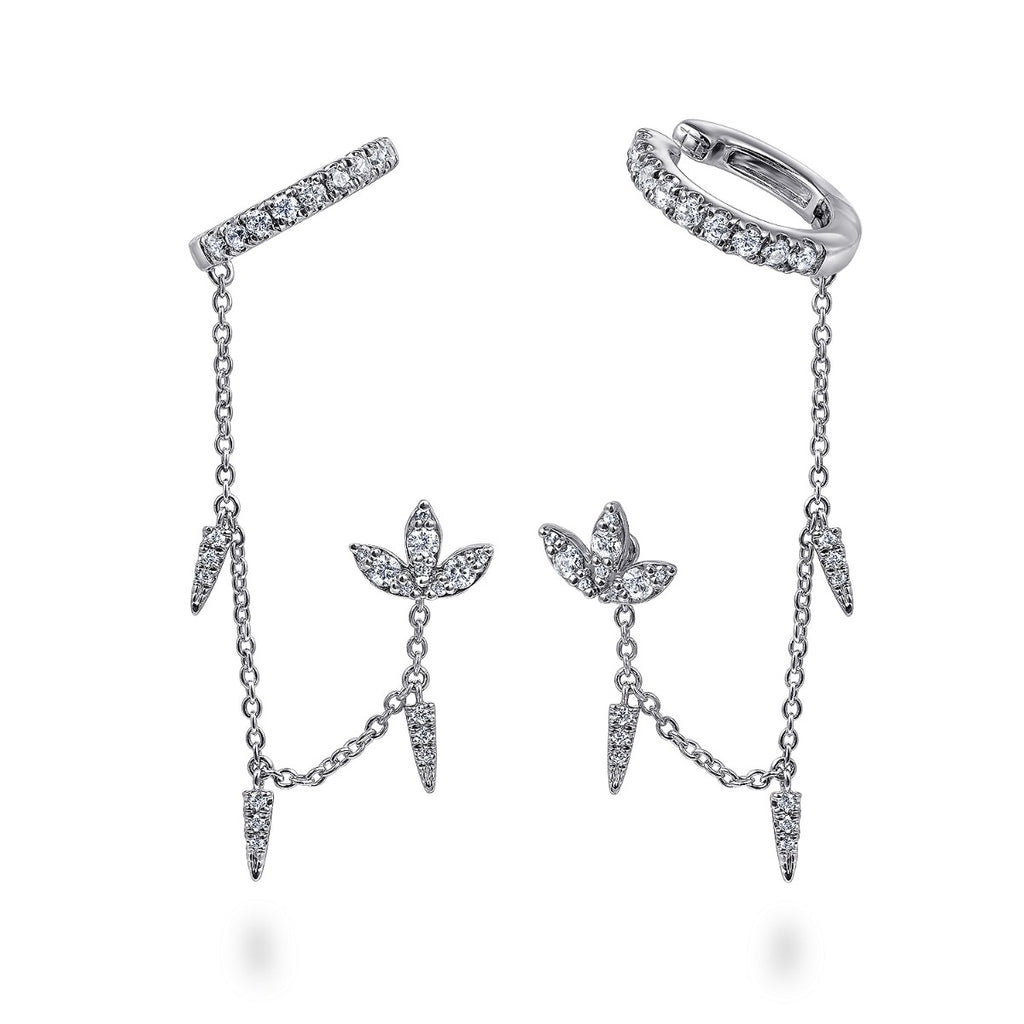 14k White Gold Diamond Lotus Single Stud With Chain Drop And Diamond Ear Cuff