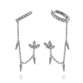 14k White Gold Diamond Lotus Single Stud With Chain Drop And Diamond Ear Cuff