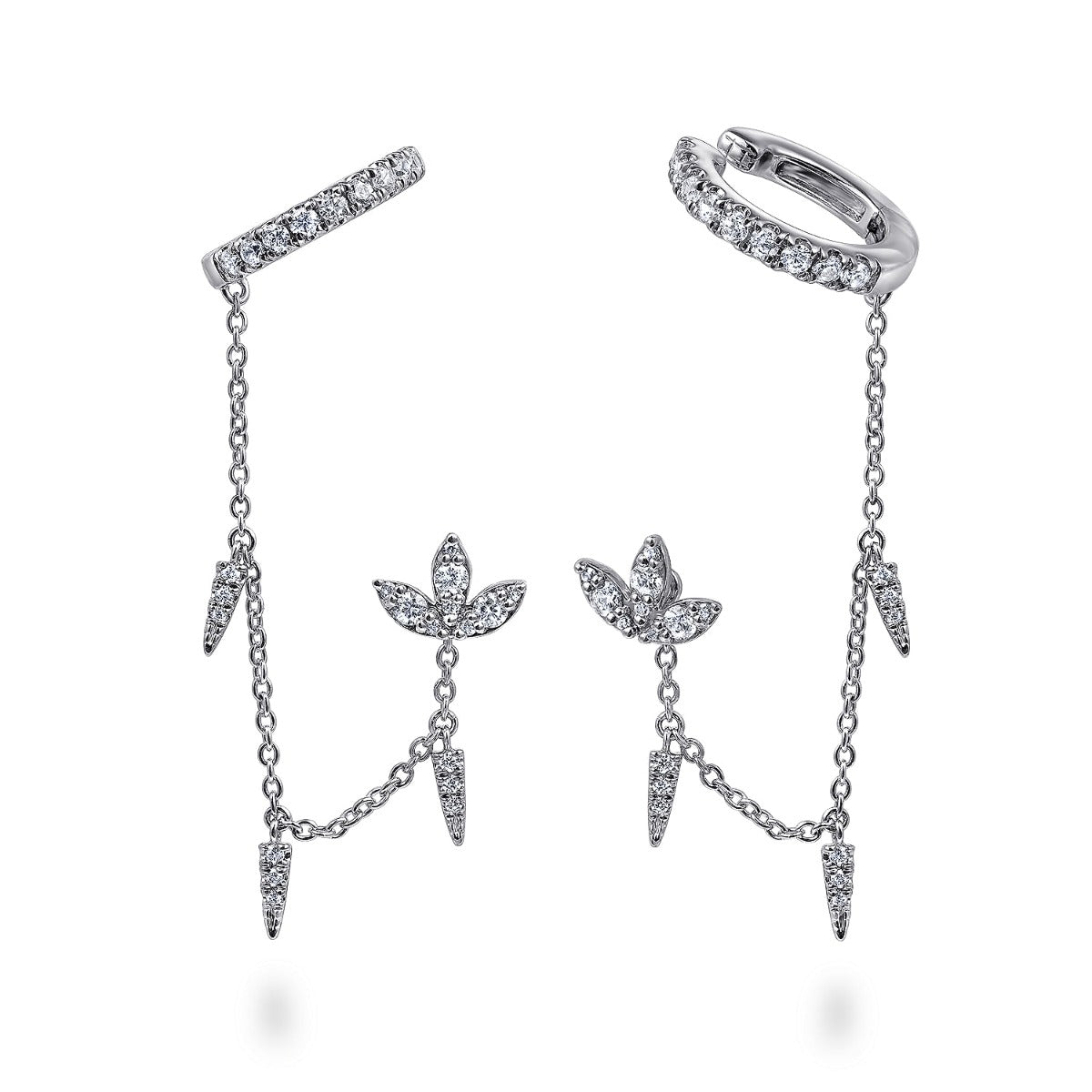 14k White Gold Diamond Lotus Single Stud With Chain Drop And Diamond Ear Cuff