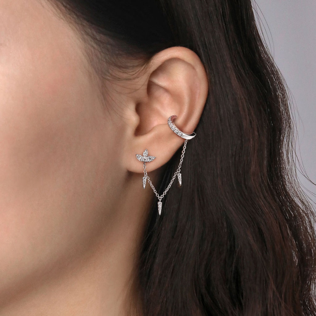 14k White Gold Diamond Lotus Single Stud With Chain Drop And Diamond Ear Cuff