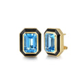 Enamel - 14K Yellow Gold Blue Topaz Emerald Cut Earrings With Flower Pattern J-Back and Black Enamel