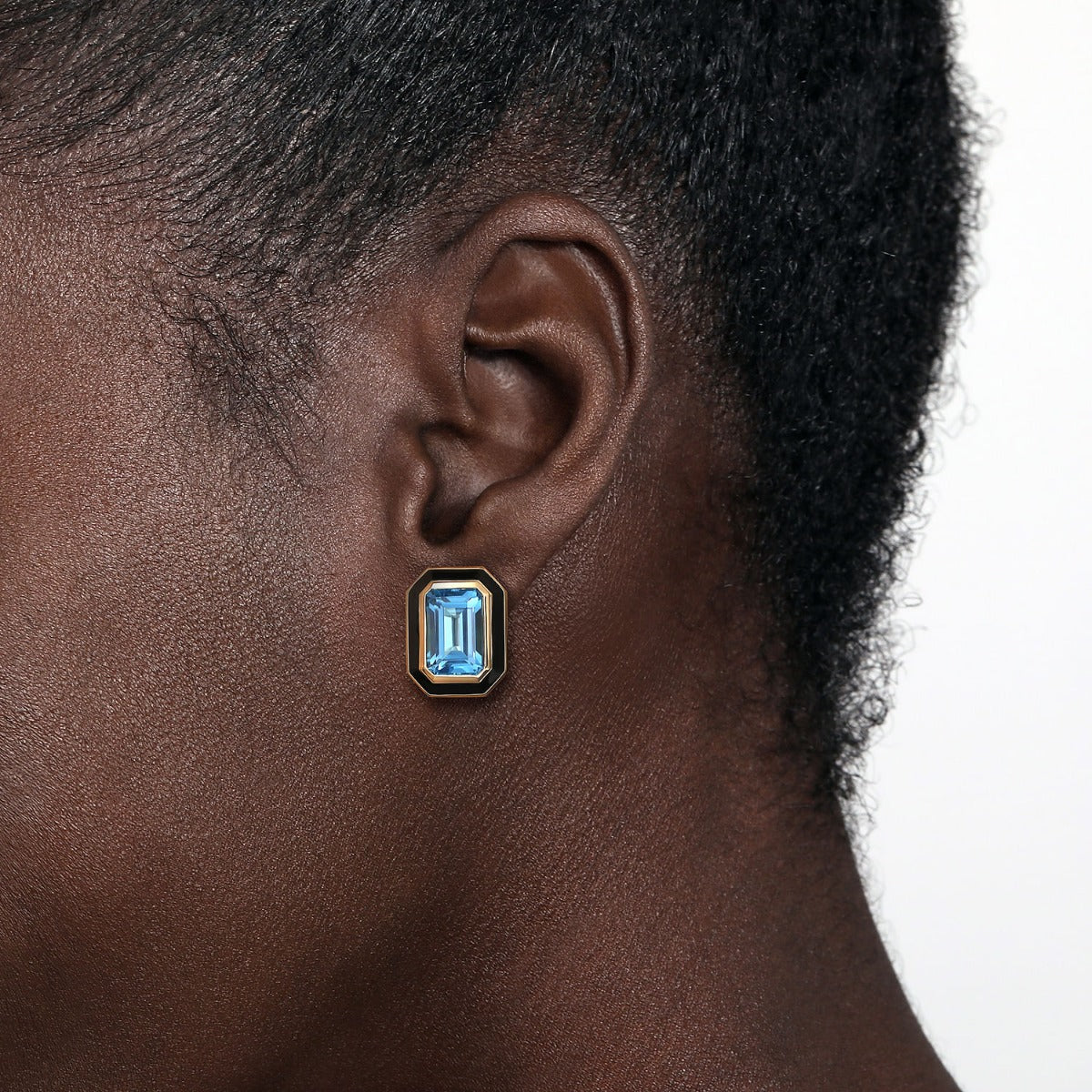 Enamel - 14K Yellow Gold Blue Topaz Emerald Cut Earrings With Flower Pattern J-Back and Black Enamel