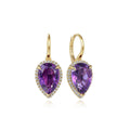14K Yellow Gold Diamond and Flat Pear Shape Amethyst Earrings With Flower Pattern J-Back