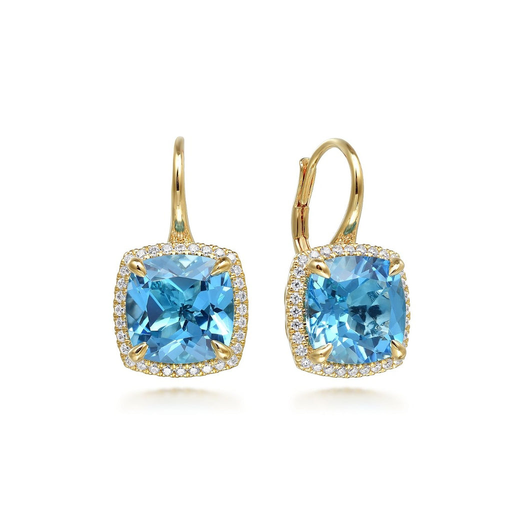 14K Yellow Gold Diamond and Blue Topaz Cushion Cut Earrings With Flower Pattern J-Back