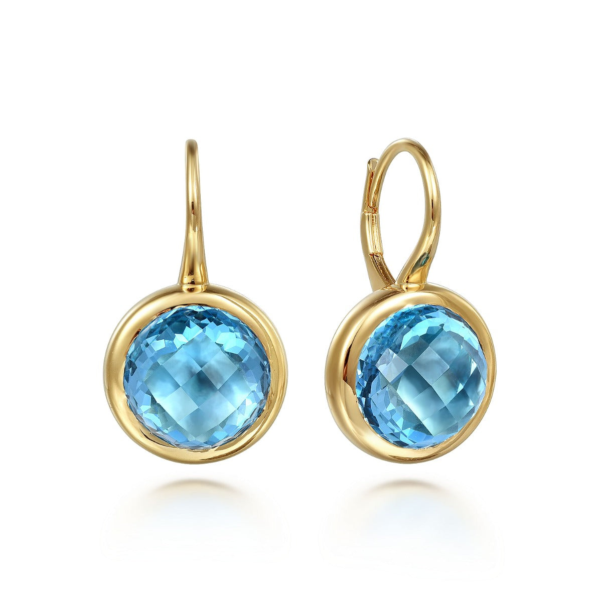 14K Yellow Gold Blue Topaz Round Shape Earrings With Flower Pattern J-Back