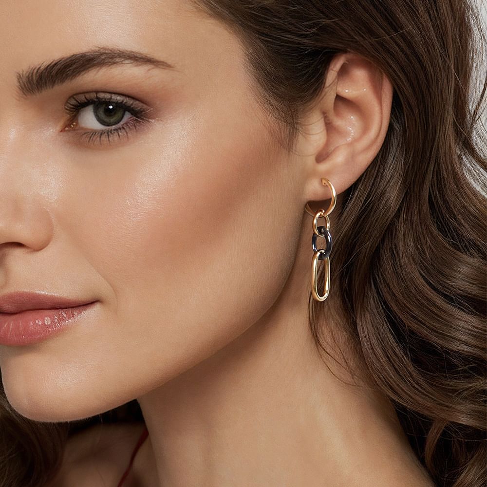 Ceramic - 14K Yellow Gold Hollow Tube and Black Oval Ceramic Link Huggie Drop Earrings