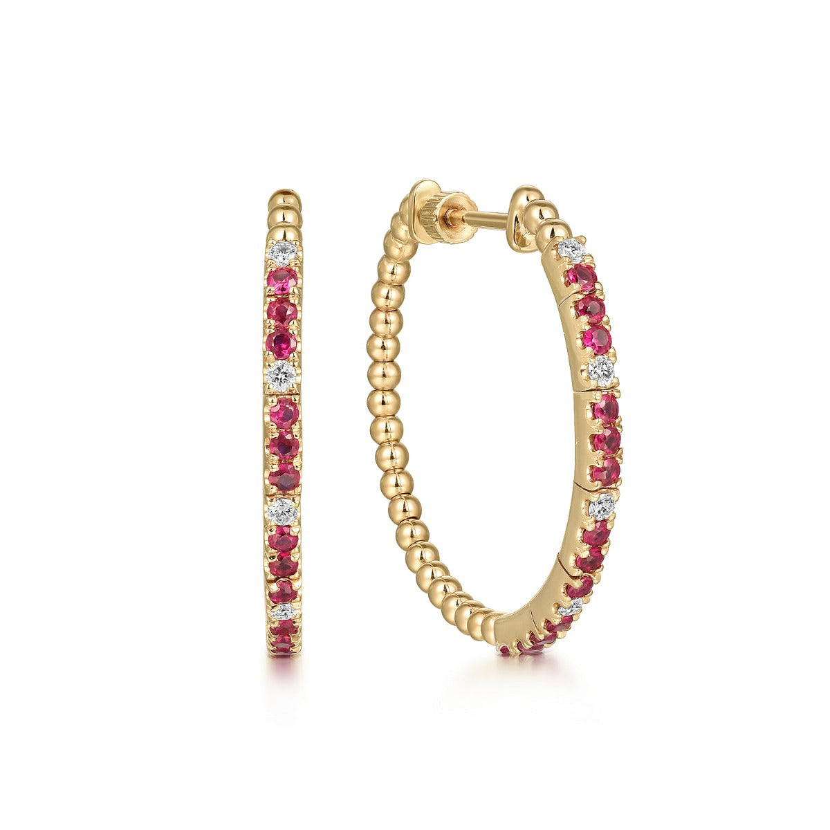 14K Yellow Gold Diamond and Ruby Bujukan 30mm Classic Hoop Earrings