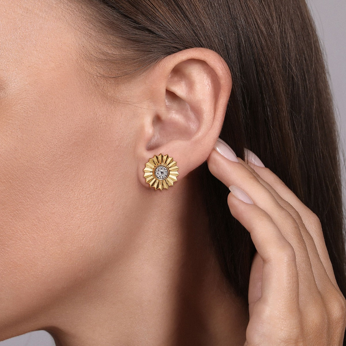 14K White and Yellow Gold Diamond Cut Stud Earrings