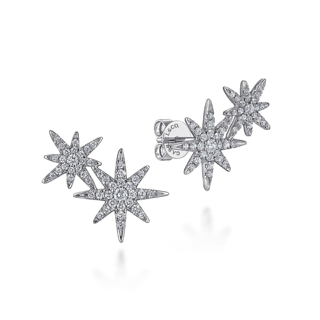 14K White Gold Diamond Starburst Ear Climber Earrings