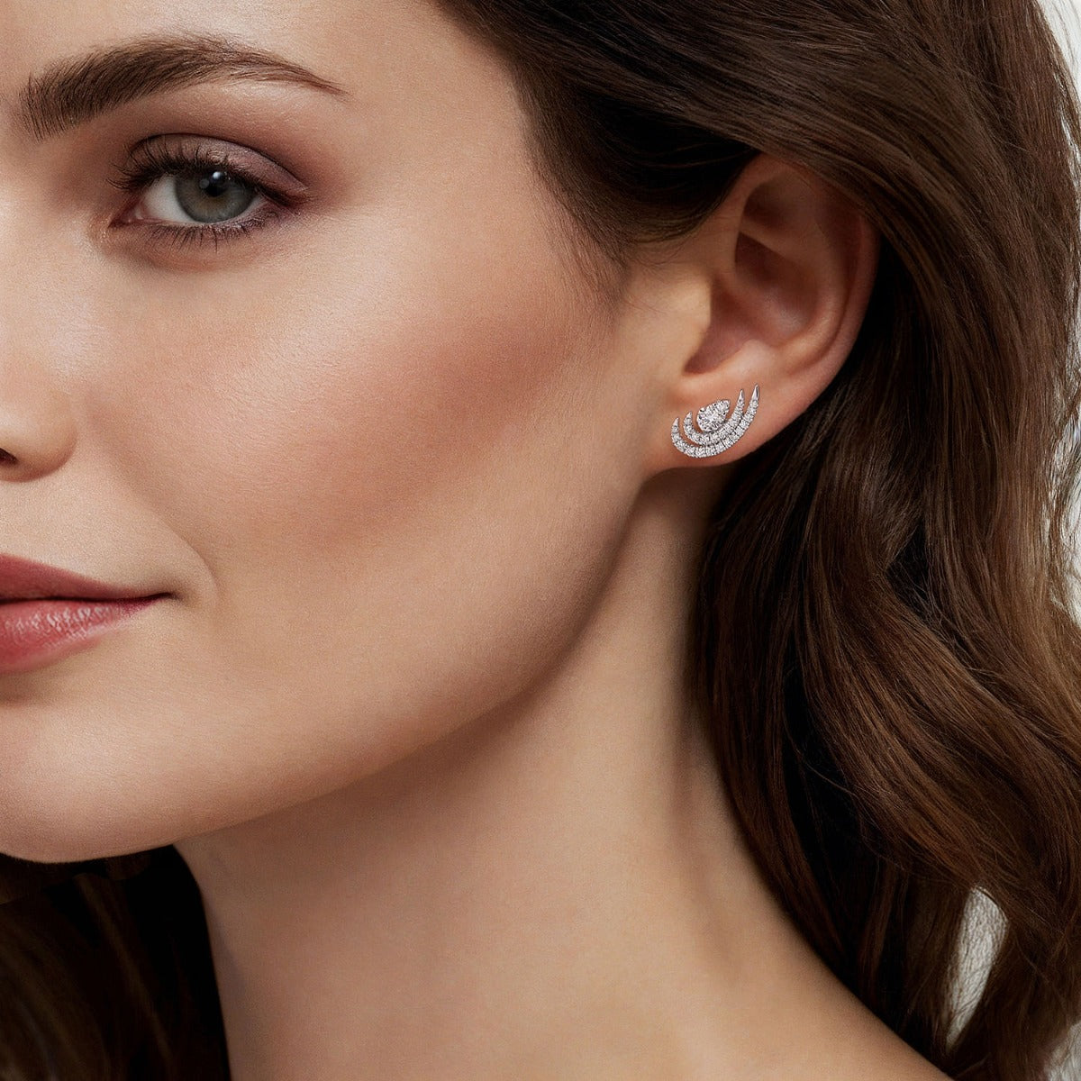 14K White Gold Diamond Swirl Ear Climber Earrings