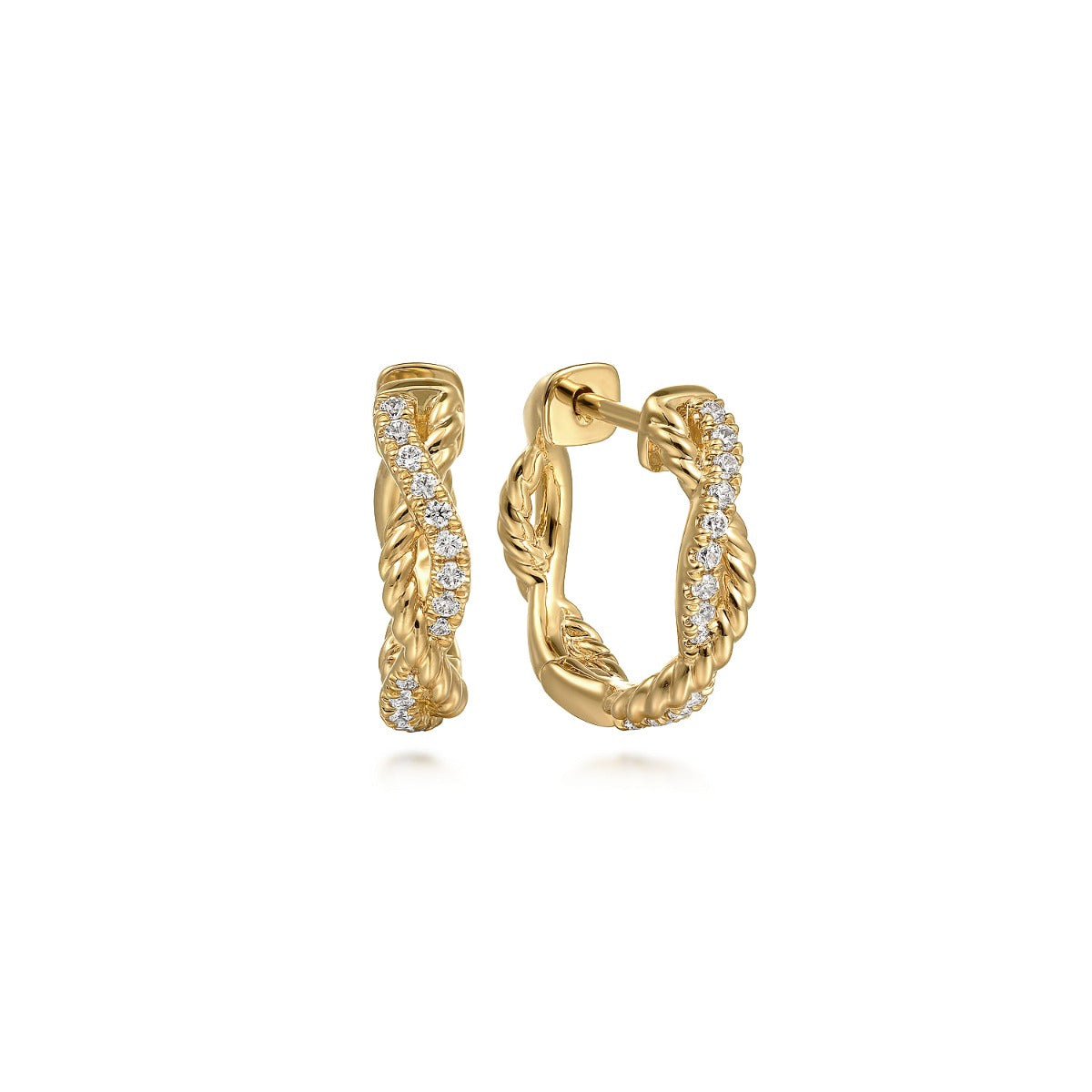 14K Yellow Gold Twisted Diamond And Rope 15mm Huggie Earrings