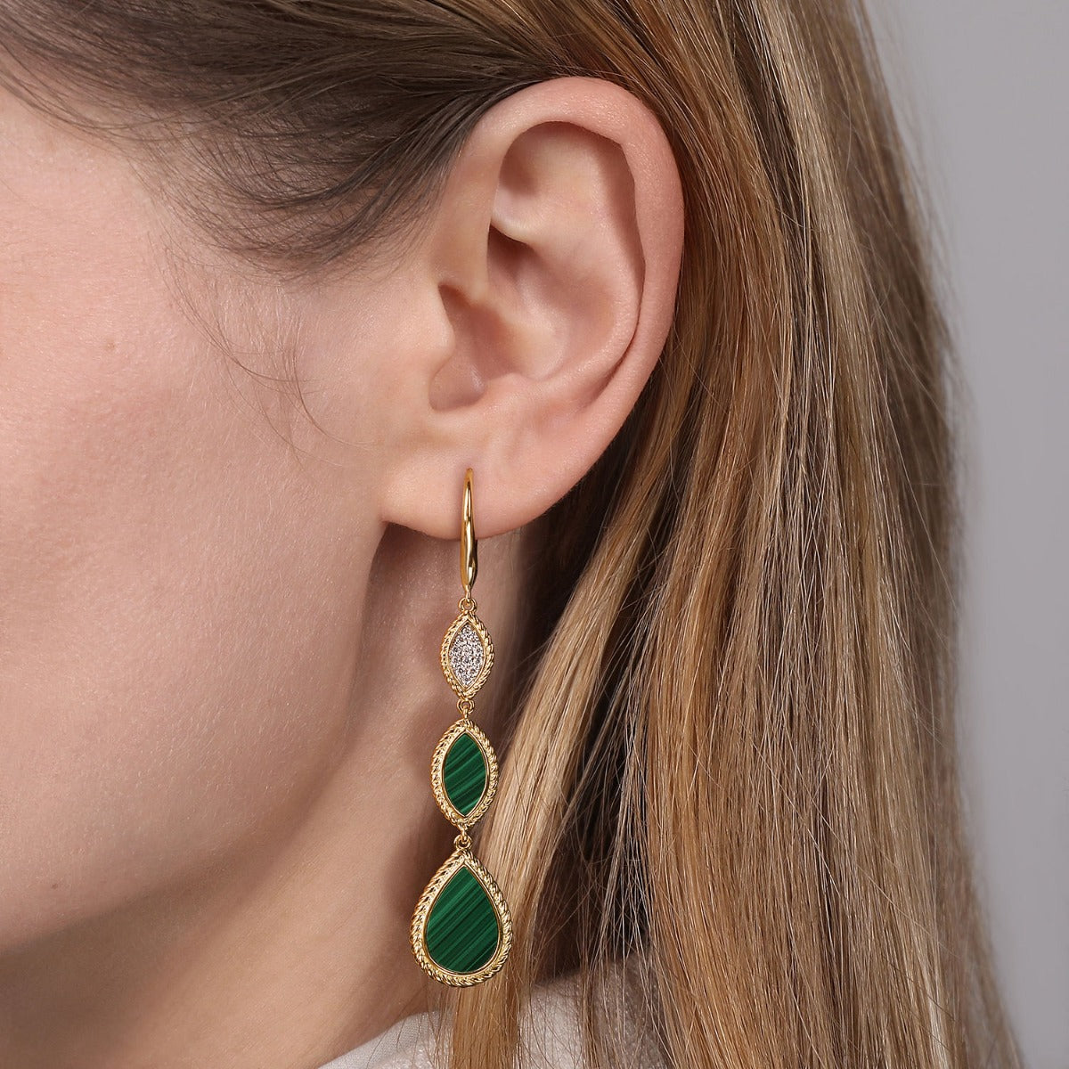 14K Yellow Gold Diamond and Malachite Rope Drop Earrings