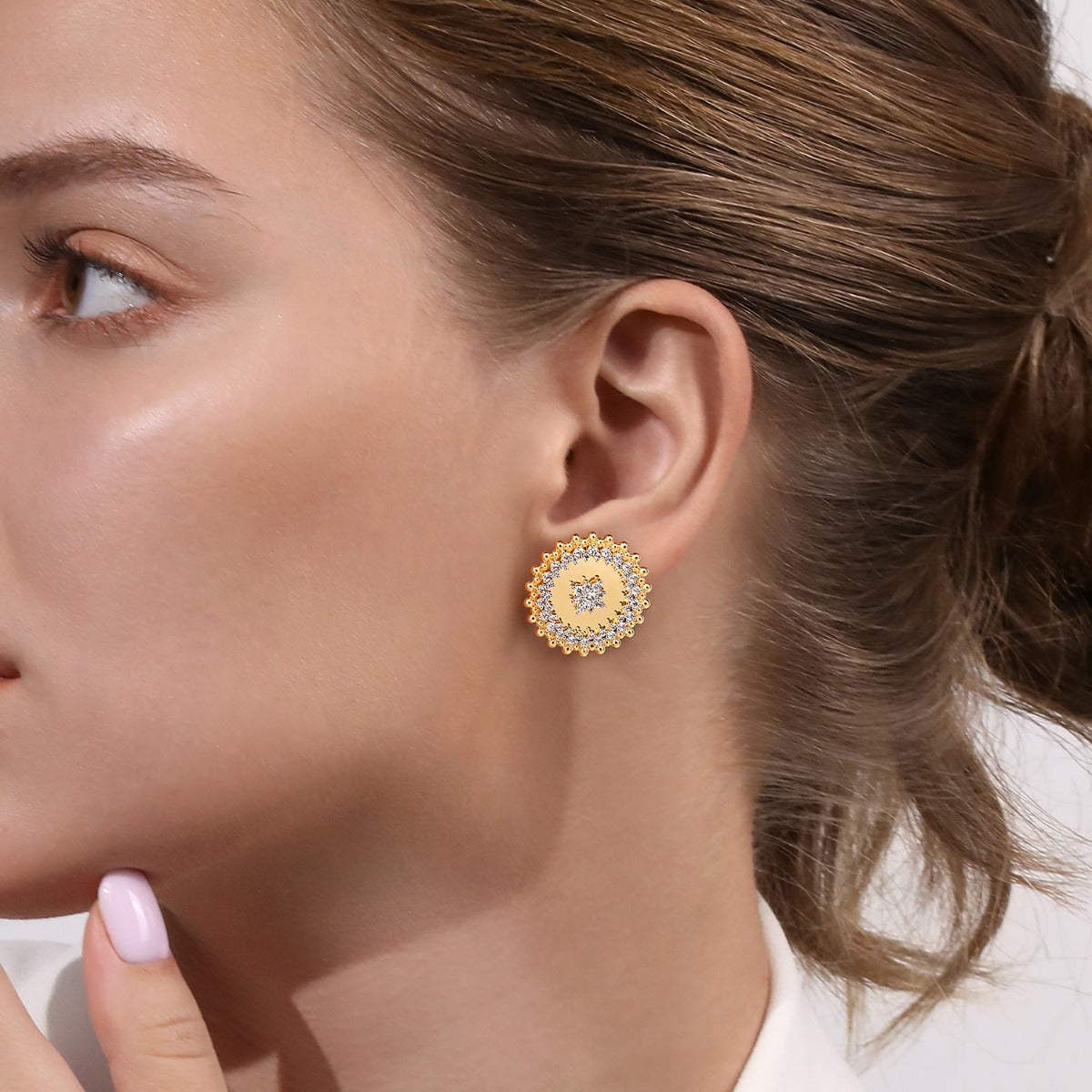 14K Yellow Gold Bujukan and Diamond Medallion Stud Earrings