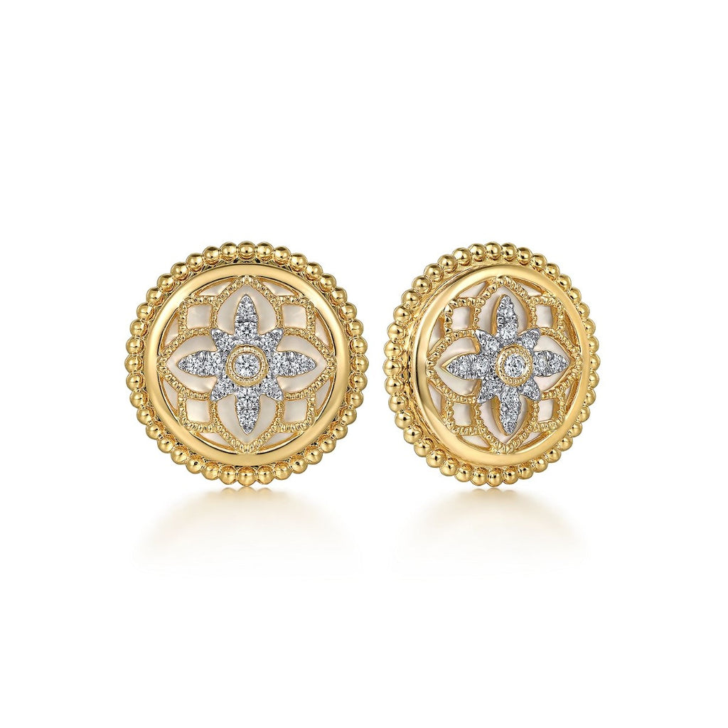 14K Yellow Gold Bujukan Diamonds and White Mother of Pearl Stud Earrings